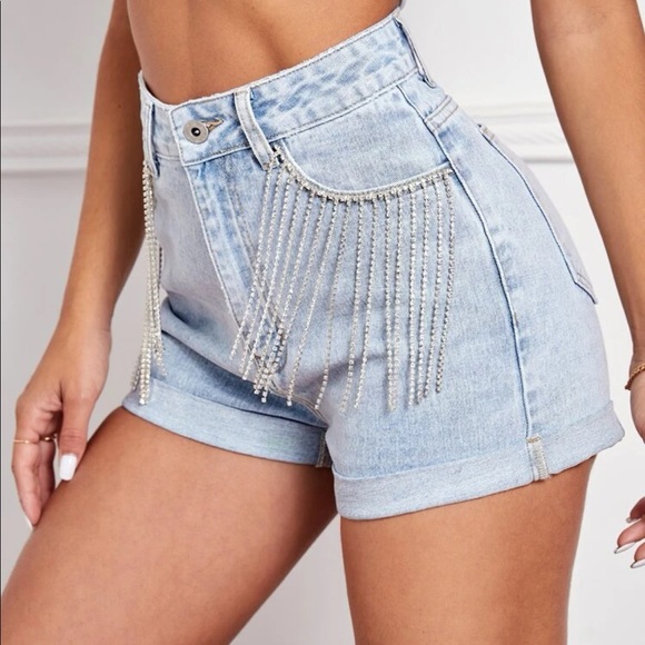 🔥CLEARANCE🔥 Bohemian Festival Rhinestone Fringe Denim Shorts XS S M L - Picture 3 of 4